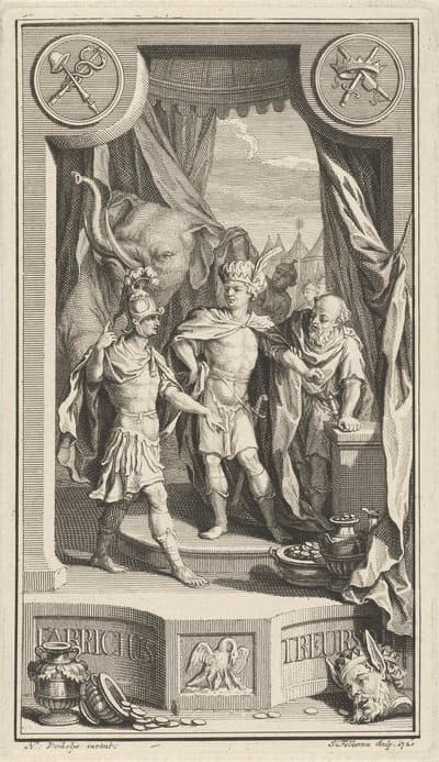 An unimpressed Fabricius (left) negotiates with an exasperated Pyrrhus (centre)